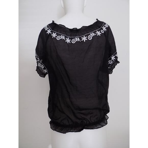 Cache embroidered blouse black shirt short sleeve silk blend size Medium - Picture 6 of 9